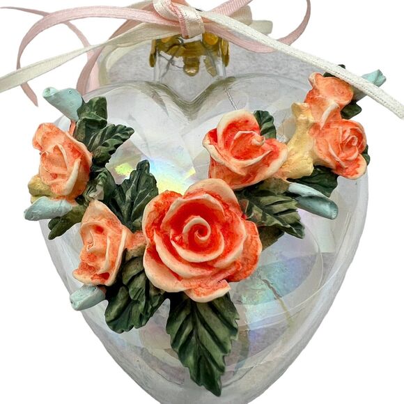 Decorative Ornaments Peach Glam Ribbon Lacy Frosted Ball Heart Roses Clear Glass - Picture 6 of 13